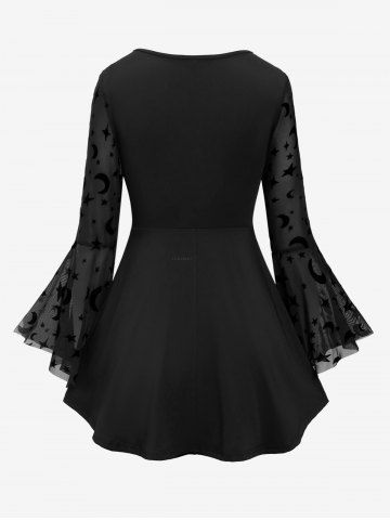 Plus Size Gothic Moon Star Print Mesh Panel Bell Sleeves Ruched Chain Tassel Long Sleeves T-shirt