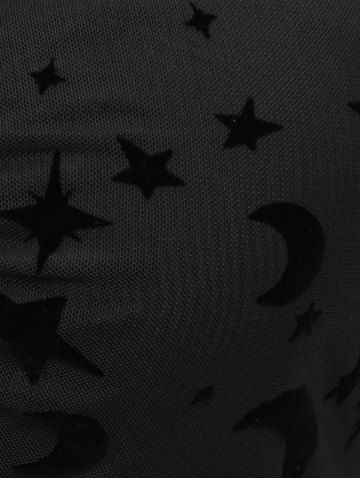 Plus Size Gothic Moon Star Print Mesh Panel Bell Sleeves Ruched Chain Tassel Long Sleeves T-shirt