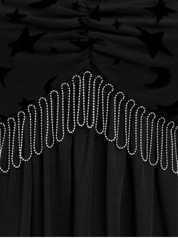 Plus Size Gothic Moon Star Print Mesh Panel Bell Sleeves Ruched Chain Tassel Long Sleeves T-shirt