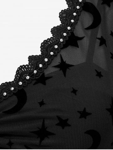 Plus Size Gothic Moon Star Print Mesh Panel Bell Sleeves Ruched Chain Tassel Long Sleeves T-shirt