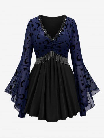Plus Size Moon Star Print Mesh Panel Bell Sleeves Ruched Chain Tassel T-shirt - DEEP BLUE - 5X | US 30-32
