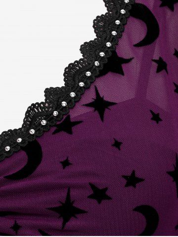 Plus Size Gothic Moon Star Print Mesh Panel Bell Sleeves Ruched Chain Tassel Long Sleeves T-shirt