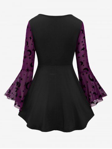 Plus Size Gothic Moon Star Print Mesh Panel Bell Sleeves Ruched Chain Tassel Long Sleeves T-shirt