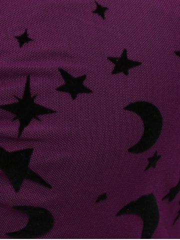 Plus Size Gothic Moon Star Print Mesh Panel Bell Sleeves Ruched Chain Tassel Long Sleeves T-shirt