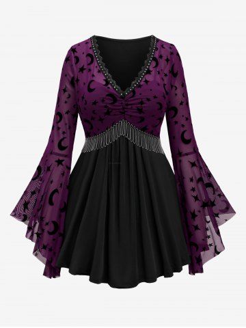 Plus Size Moon Star Print Mesh Panel Bell Sleeves Ruched Chain Tassel T-shirt - CONCORD - 4X | US 26-28