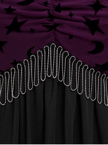 Plus Size Gothic Moon Star Print Mesh Panel Bell Sleeves Ruched Chain Tassel Long Sleeves T-shirt