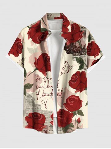 Plus Size Rose Flower Butterfly Letter Newspaper Print Hawaii Ombre Button Pocket Shirt For Men - RED - 2XL