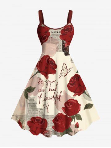 Plus Size Rose Flower Butterfly Letter Newspaper Print Hawaii Ombre A Line Tank Dress - RED - XXS