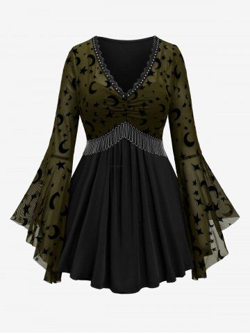 Plus Size Gothic Moon Star Print Mesh Panel Bell Sleeves Ruched Chain Tassel Long Sleeves T-shirt - DEEP GREEN - 2X | US 18-20