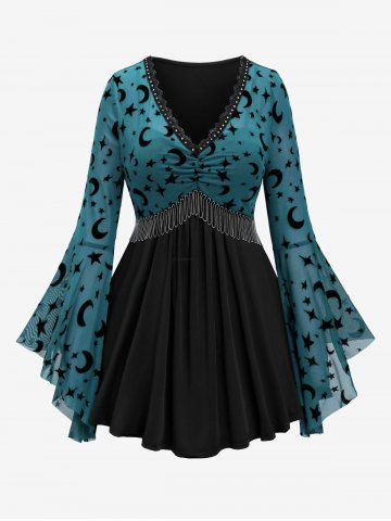 Plus Size Gothic Moon Star Print Mesh Panel Bell Sleeves Ruched Chain Tassel Long Sleeves T-shirt - SKY BLUE - 4X | US 26-28