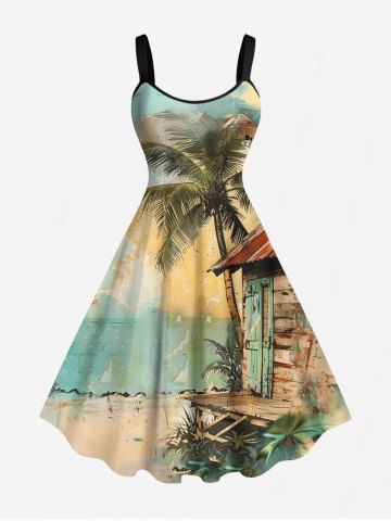 Robe débardeur grande taille imprimée cocotier et maison de mer hawaïenne, coupe trapèze - LIGHT BLUE - 1X