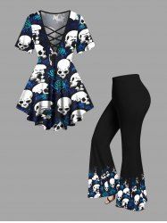 Ensemble Grande Taille Évasé Imprimé à Rose et Crâne - Noir 