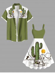 Tenue de Plage Grande Taille et Découpée avec Imprimé Cactus et Tête de Cactus pour Couples - Vert 
