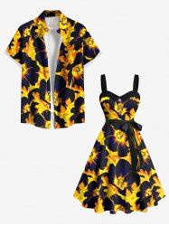 Flowers Leaf Print Plus Size Matching Hawaii Beach Outfit For Couples -  