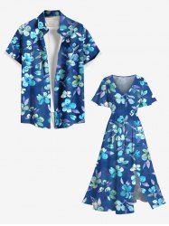 Flowers Leaf Print Plus Size Matching Hawaii Beach Outfit For Couples -  