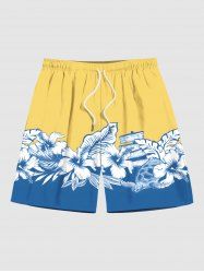 Plus Size Tropical Leaf Hibiscus Flowers Turtle Colorblock Print Hawaii Beach Shorts For Men -  
