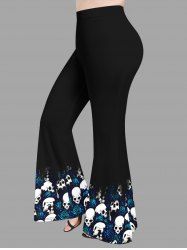 Pantalon Évasé à Imprimé Crânes et Roses Grande-Taille - Noir L