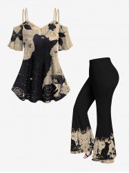 Ink Painting Rose Flower Leaf Butterfly Cat Newspaper Print T-shirt and Flare Pants Plus Size Matching Set -  