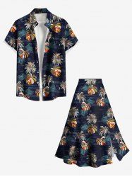 Tenue de plage hawaïenne assortie grande taille à imprimé feuilles tropicales de cocotier coloré pour couples - Noir 