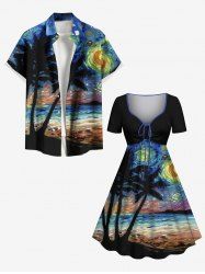 Tenue de Plage à Imprimé Cocotiers en Peinture Marbré Grande-Taille pour Couples - Noir 