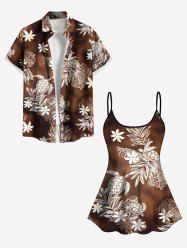 Branch Leaf Flower Turtle Tie Dye Print Shirt Swimsuit Plus Size Matching Hawaii Sea Creatures Beach Outfit For Couples -  