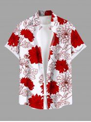 Plus Size Floral Leaves Print Hawaii Button Pocket Shirt For Men -  