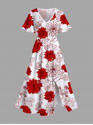 Plus Size Floral Leaves Print Hawaii Split Pocket A Line Midi Dress - Rouge 2X