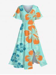Robe Hawaïen Mi-Longue Fendue Fleur D'Hibiscus et Fleur Tropicale Imprimées de Grande Taille - Vert clair 6X