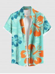 Plus Size Tropical Hibiscus Flowers Print Buttons Pocket Hawaii Shirt For Men -  