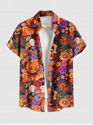 Plus Size Ethnic Colorful Flowers Paisley Owl Print Buttons Pocket Hawaii Shirt For Men -  