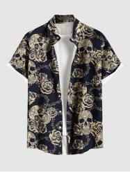 Chemise Décontractée Rose Crâne Imprimés avec Poche de Grande Taille avec Boutons pour Homme - Noir 3XL