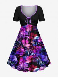 Plus Size Tropical Leaf Hibiscus Flowers Print Cinched Hawaii Dress -  
