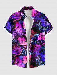 Plus Size Tropical Leaf Hibiscus Flowers Print Buttons Pocket Hawaii Shirt For Men -  