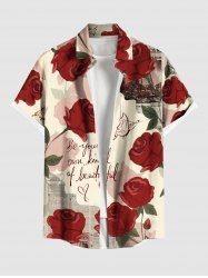 Plus Size Rose Flower Butterfly Letter Newspaper Print Hawaii Ombre Button Pocket Shirt For Men -  