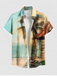 Chemise à poches boutonnées grande taille pour homme, imprimée cocotiers et maisons de mer, style hawaïen - Bleu clair S
