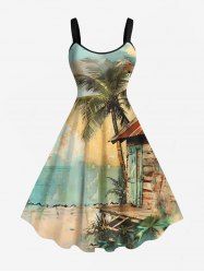 Robe débardeur grande taille imprimée cocotier et maison de mer hawaïenne, coupe trapèze - Bleu clair 6X