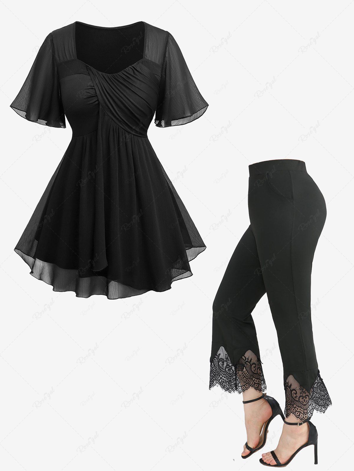 Cheap Sheer Chiffon Ruffles Surplice Blouse and Scalloped Tassel Lace Flare Pants Plus Size Outfit  