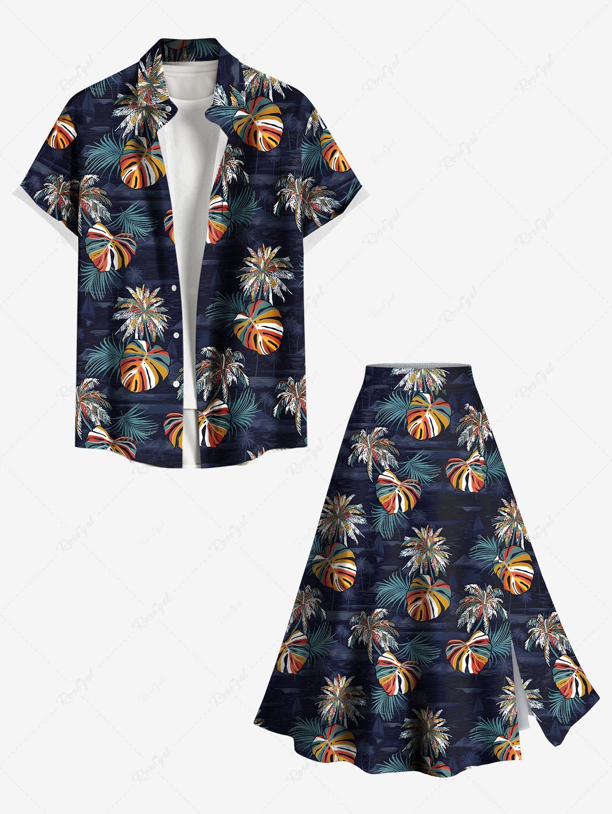 Tenue de plage hawaïenne assortie grande taille à imprimé feuilles tropicales de cocotier coloré pour couples Noir 