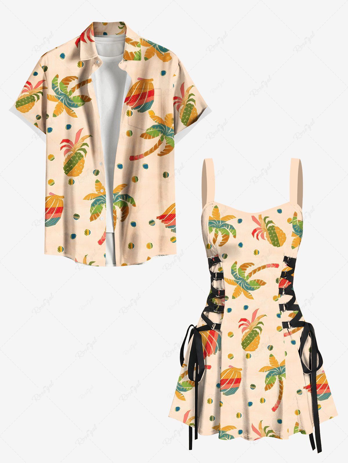 Best Coconut Tree Banana Pineapple Spotted Print Matching Hawaii Beach Outfit For Couples  