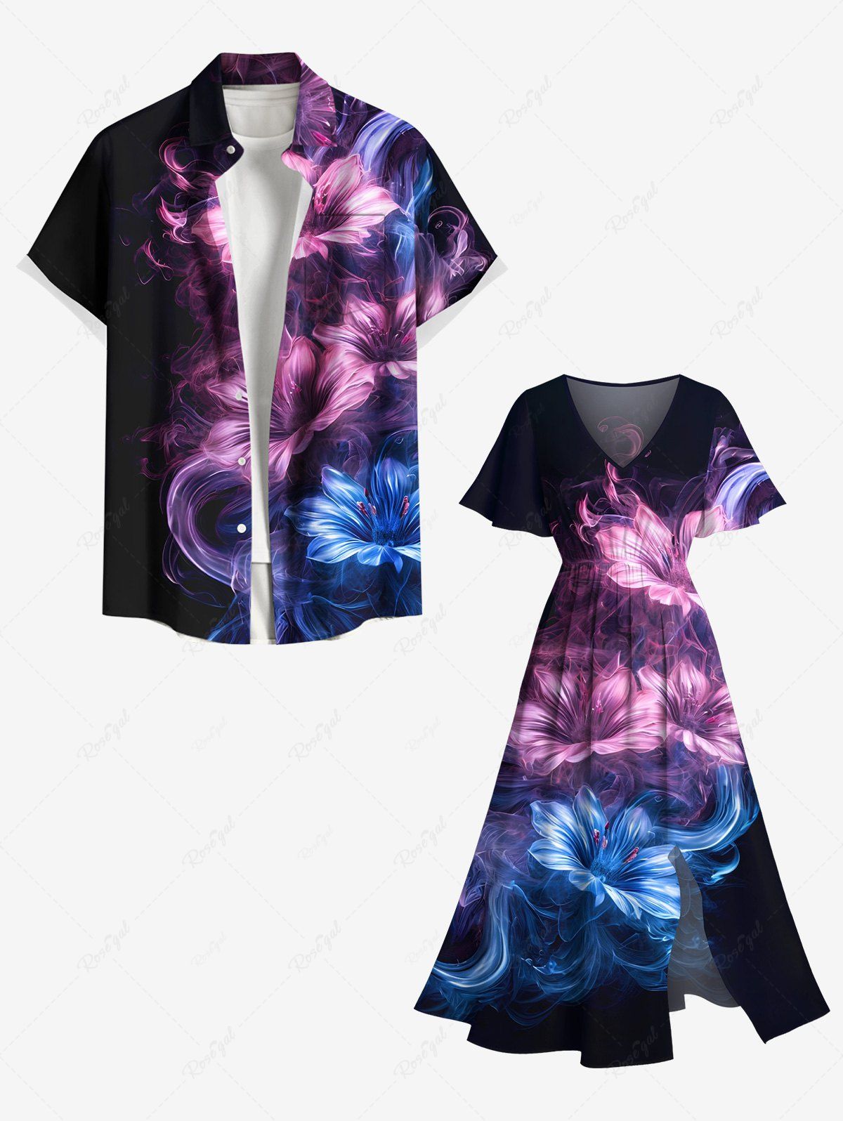 Costume de Plage Brillante à Imprimé Fleurs Mystérieux Grande-Taille pour Couples Noir 