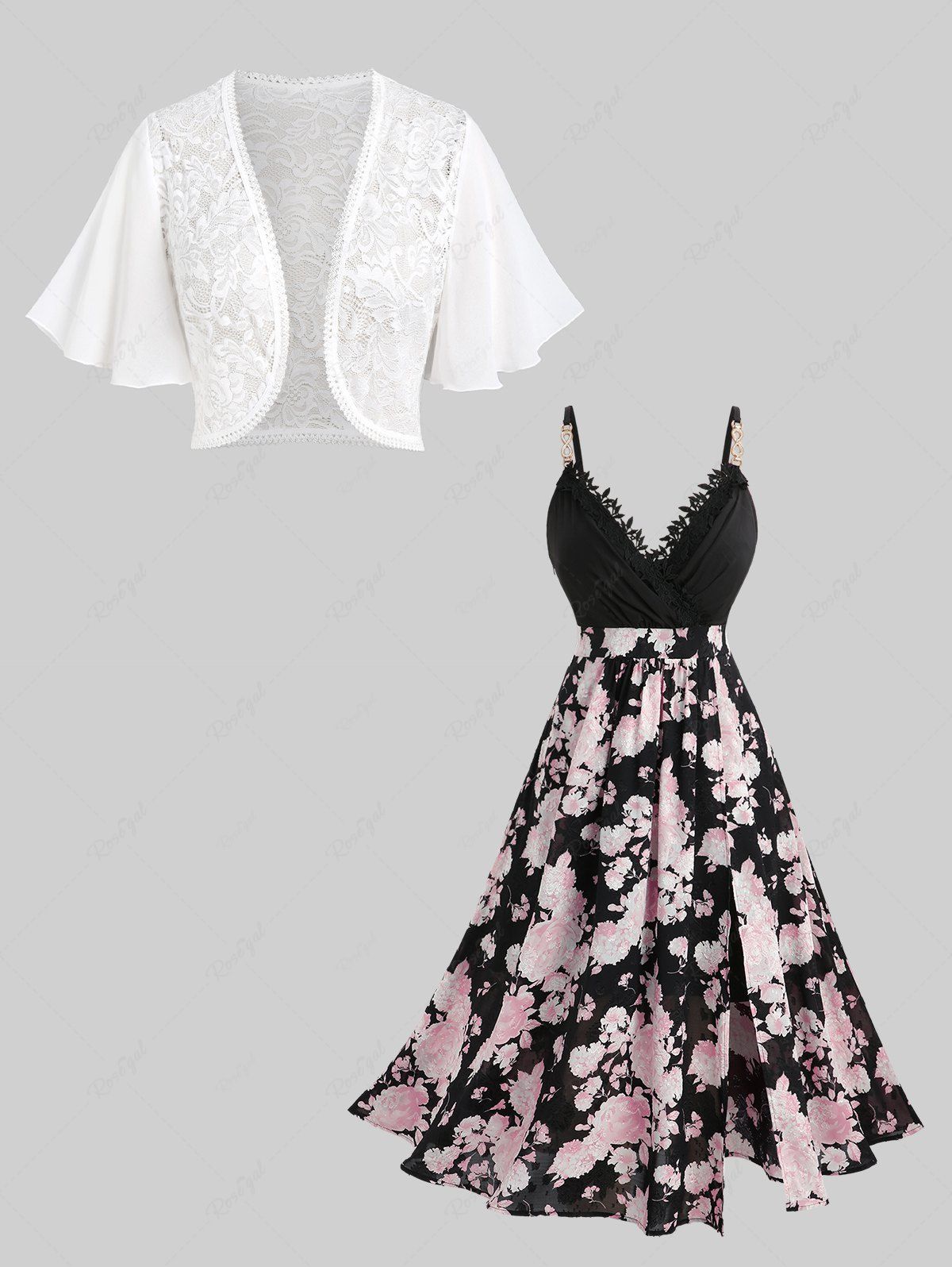 New Lace Butterfly Sleeve Bolero Cardigan and Floral Print Jacquard Split Surplice Dress Plus Size Outfit  