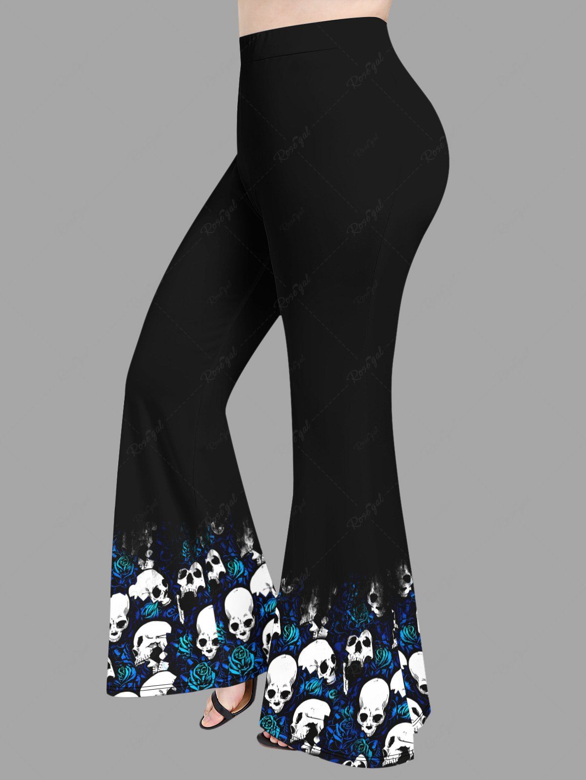 Pantalon Évasé à Imprimé Crânes et Roses Grande-Taille Noir 1X
