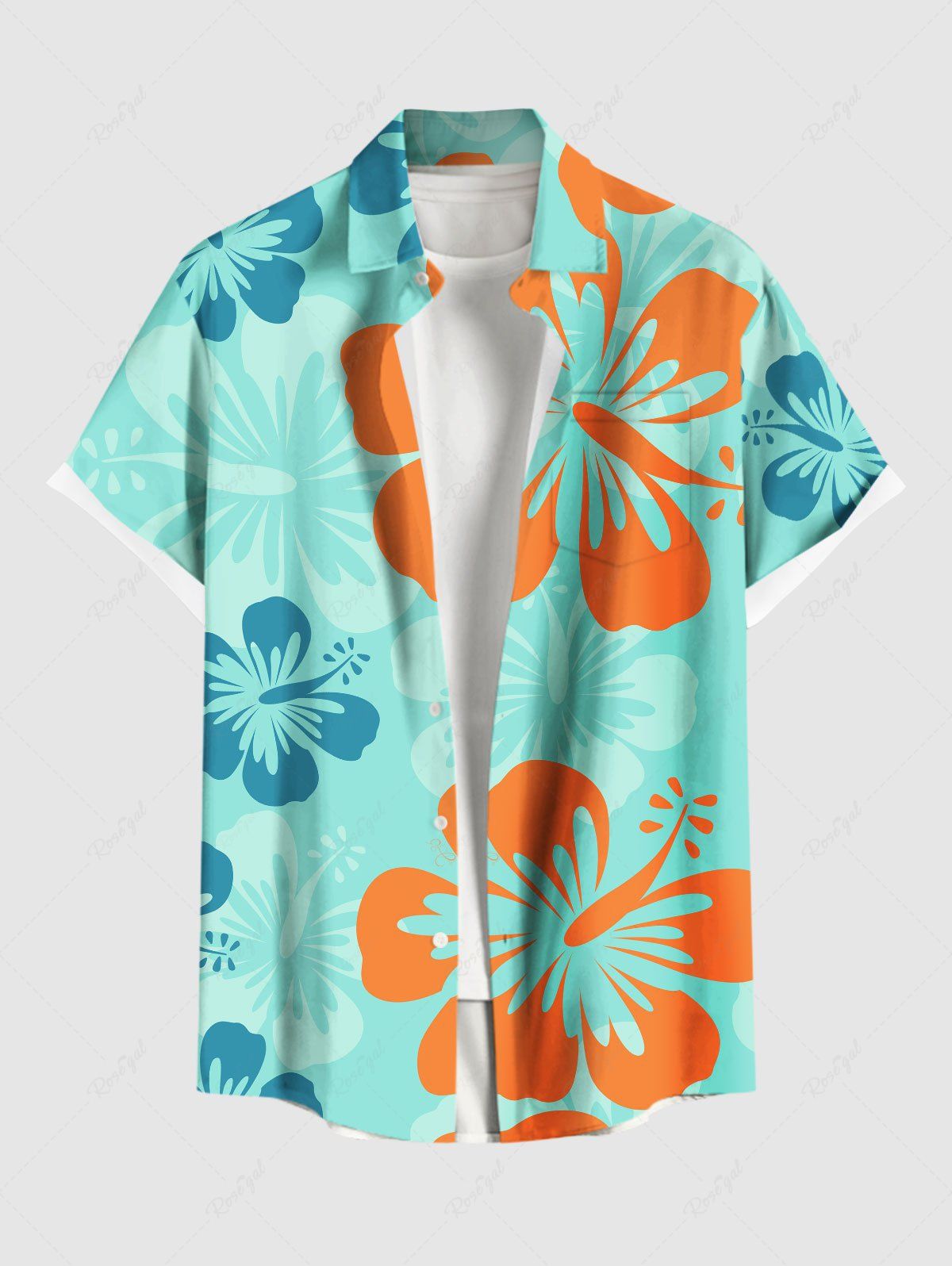 Store Plus Size Tropical Hibiscus Flowers Print Buttons Pocket Hawaii Shirt For Men  