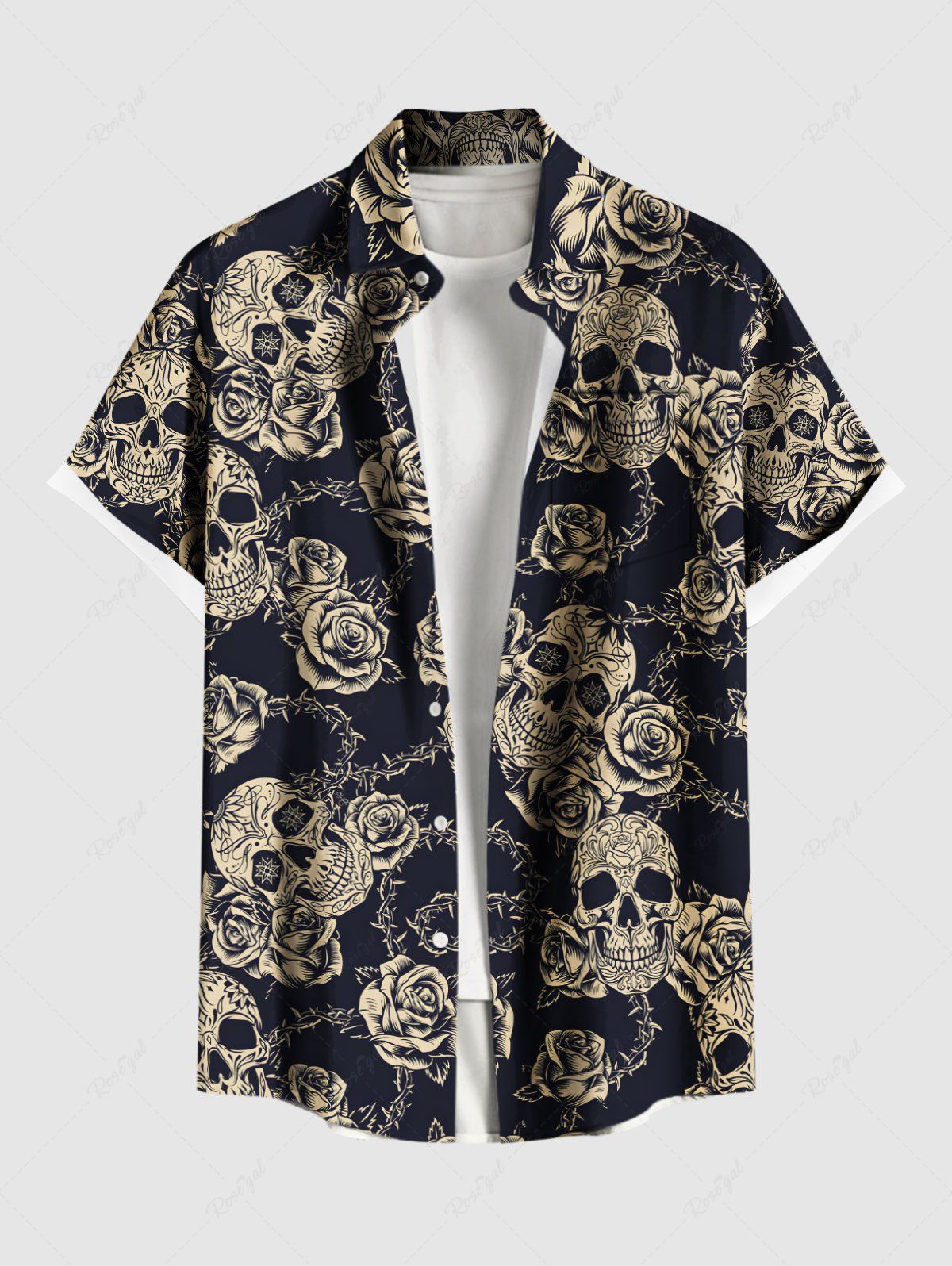 Shop Plus Size Skulls Rose Flowers Print Buttons Pocket Hawaii Shirt For Men  