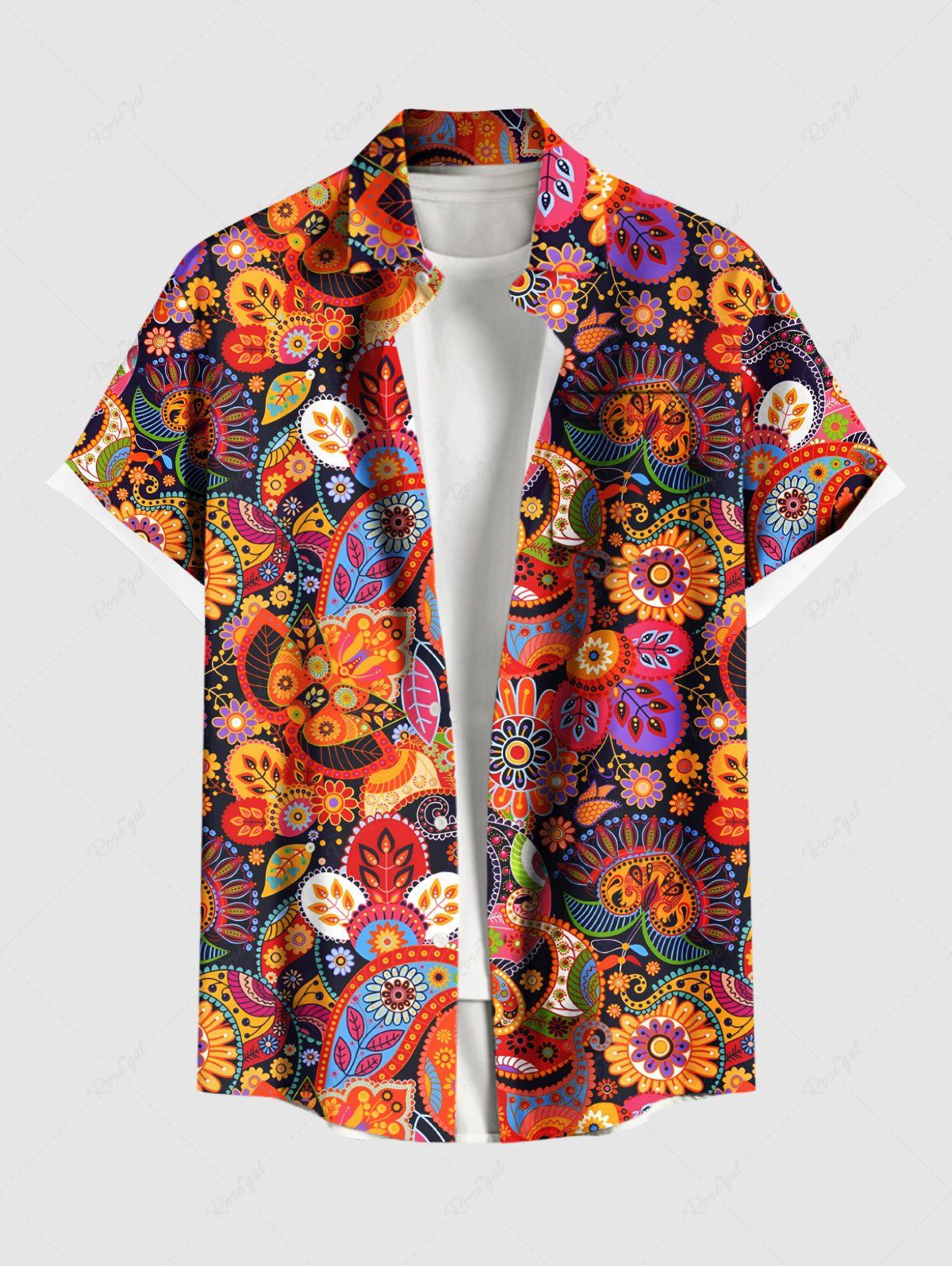 Shops Plus Size Ethnic Colorful Flowers Paisley Owl Print Buttons Pocket Hawaii Shirt For Men  