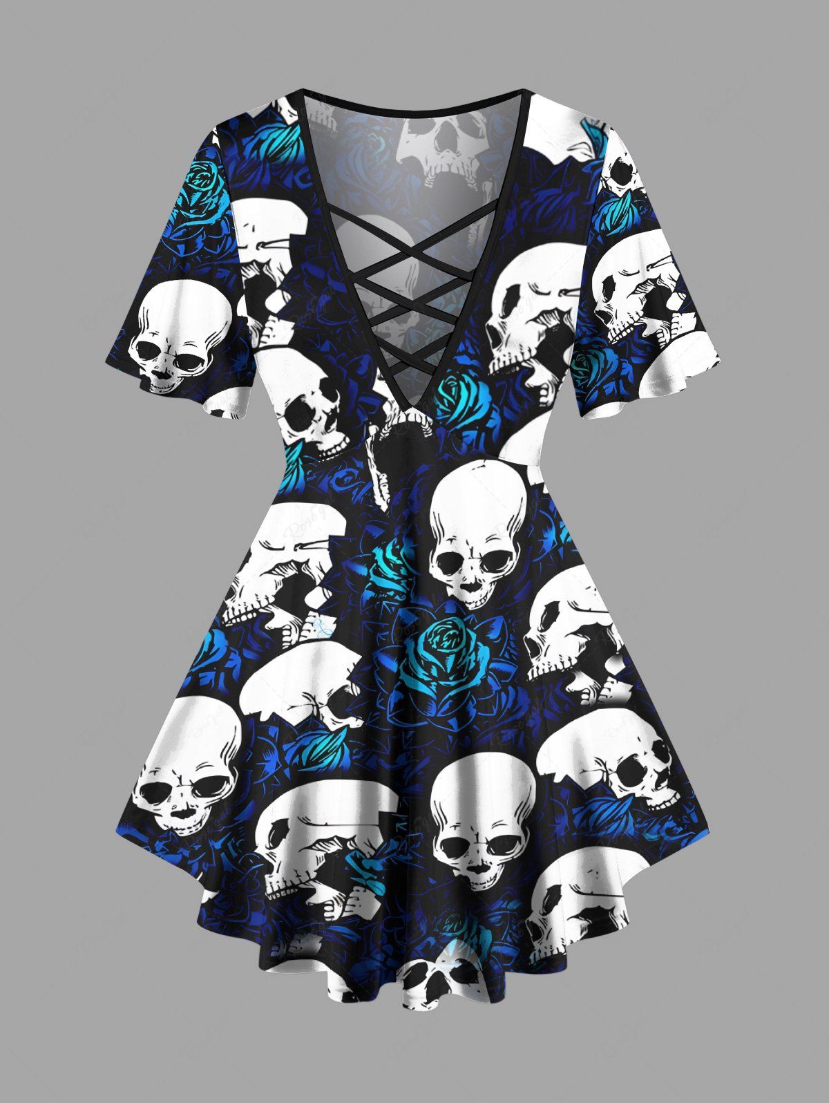 New Plus Size Skulls Rose Flowers Print Lattice Crisscross T-shirt  