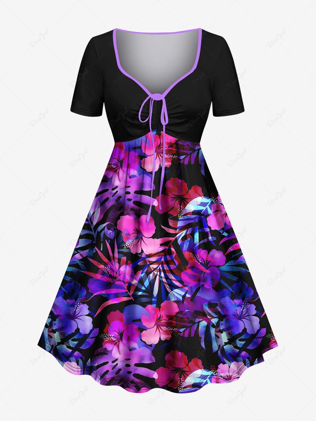 Chic Plus Size Tropical Leaf Hibiscus Flowers Print Cinched Hawaii Dress  