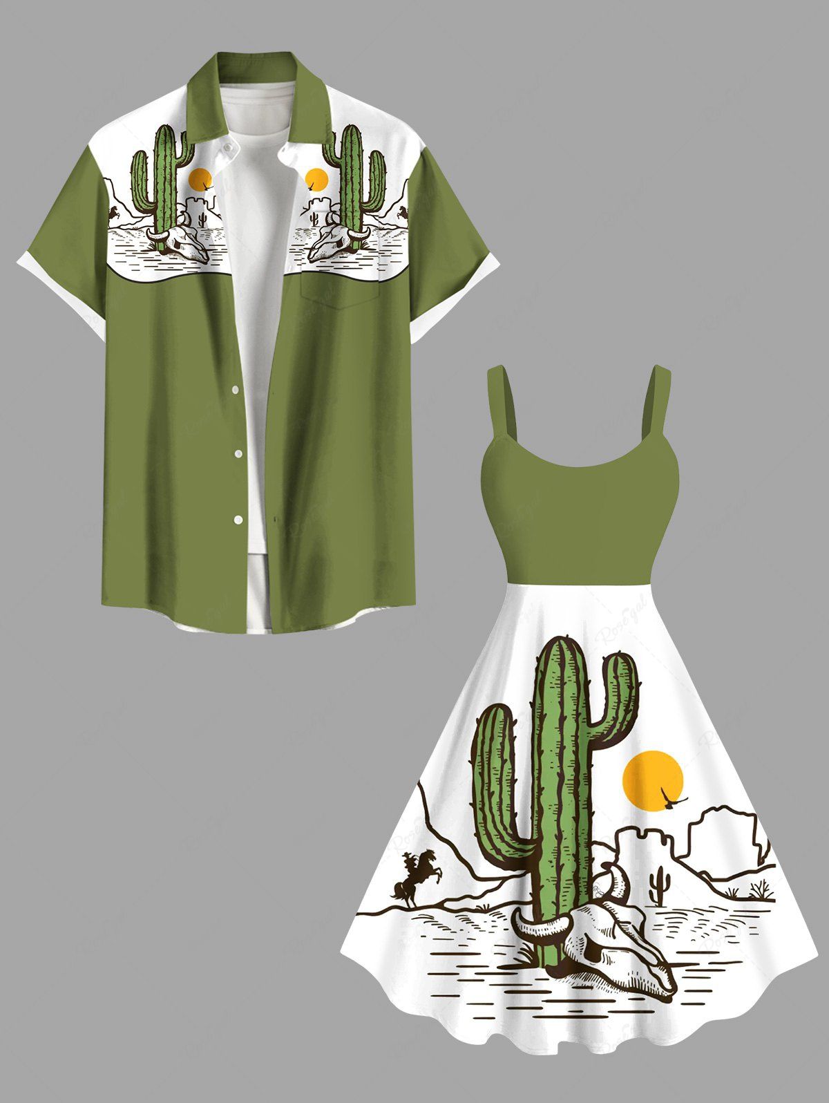 Tenue de Plage Grande Taille et Découpée avec Imprimé Cactus et Tête de Cactus pour Couples Vert 