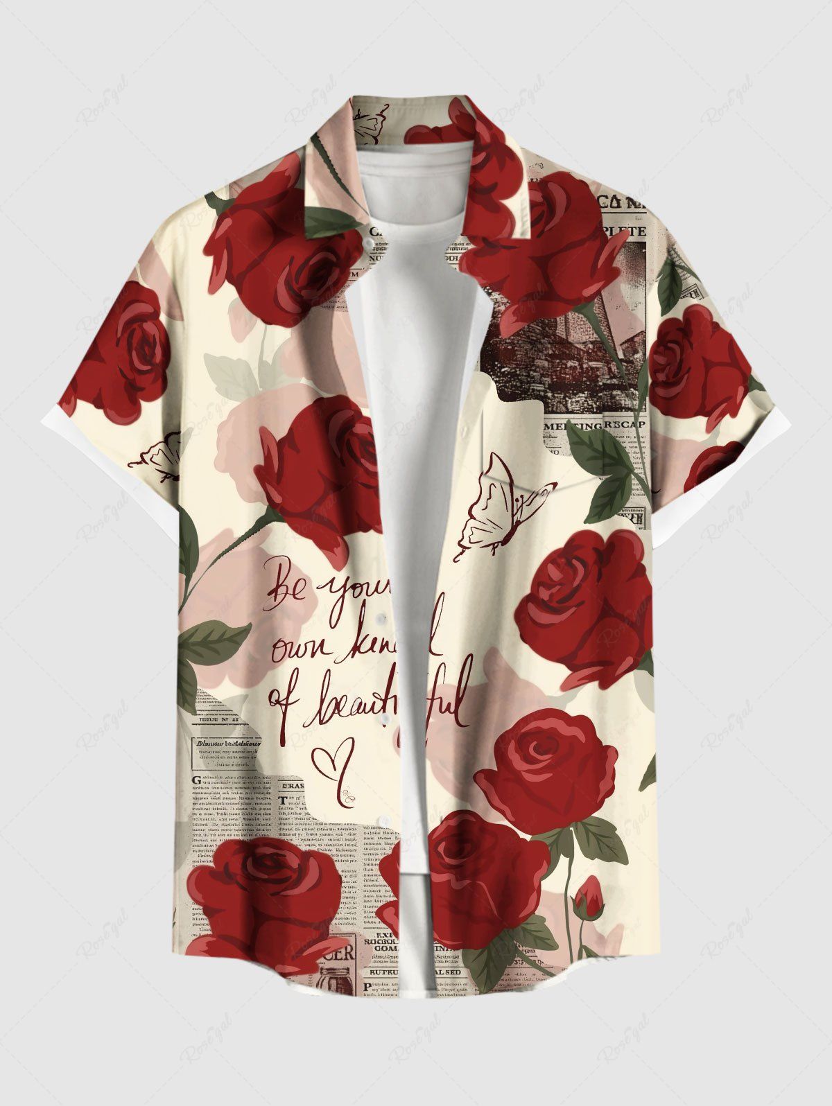 Hot Plus Size Rose Flower Butterfly Letter Newspaper Print Hawaii Ombre Button Pocket Shirt For Men  