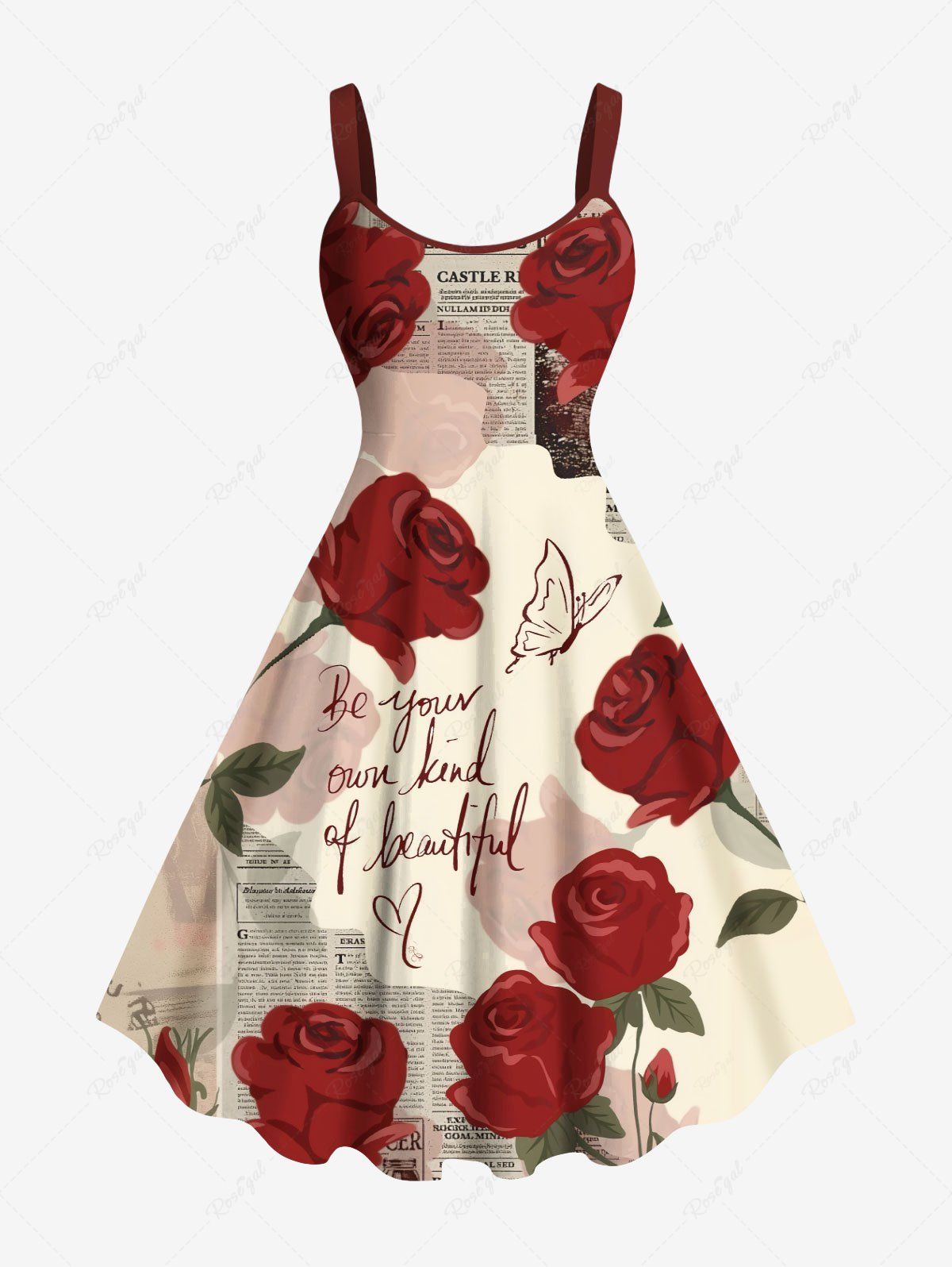 Trendy Plus Size Rose Flower Butterfly Letter Newspaper Print Hawaii Ombre A Line Tank Dress  